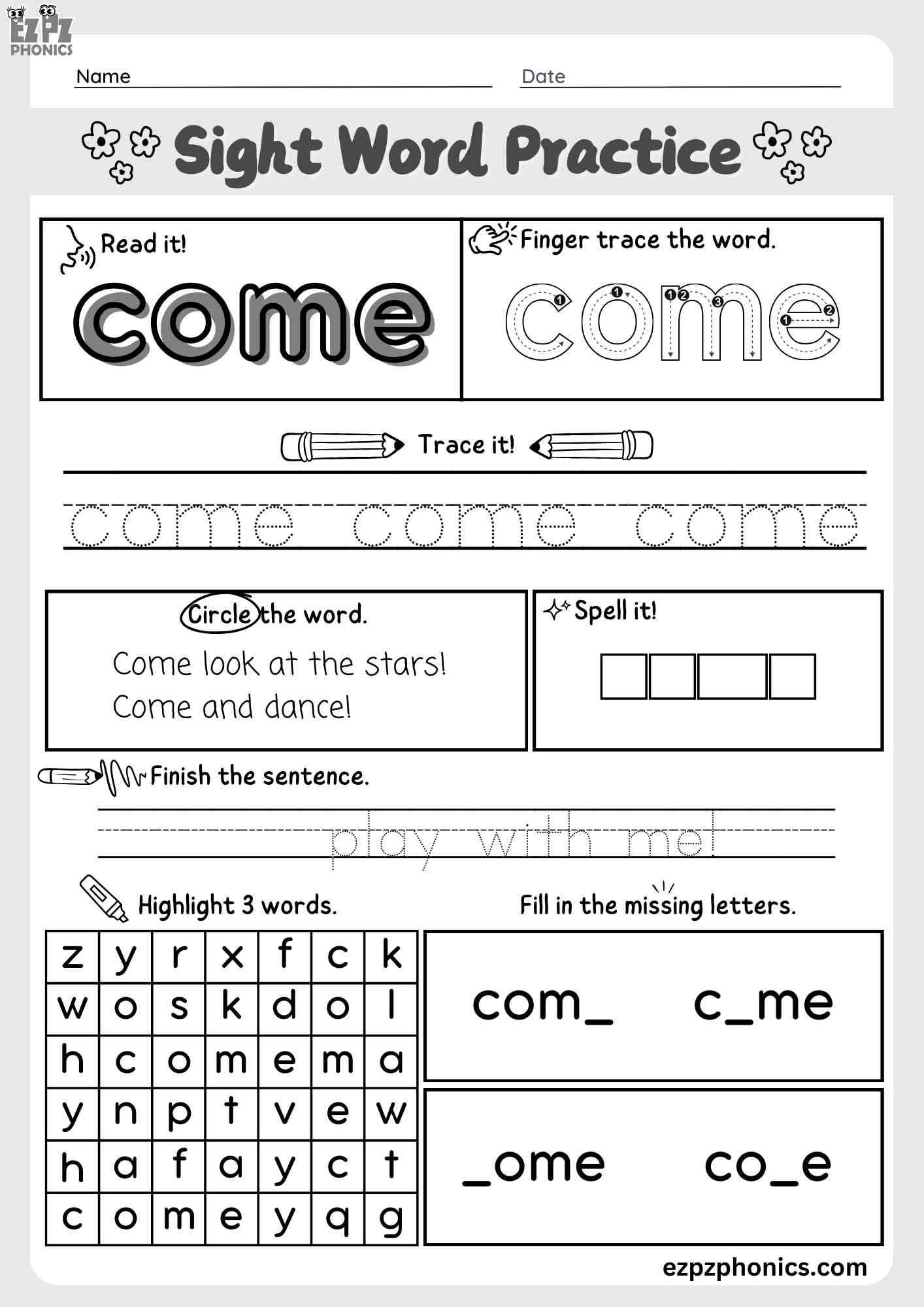 The word come dolch sight word worksheet activity for pre